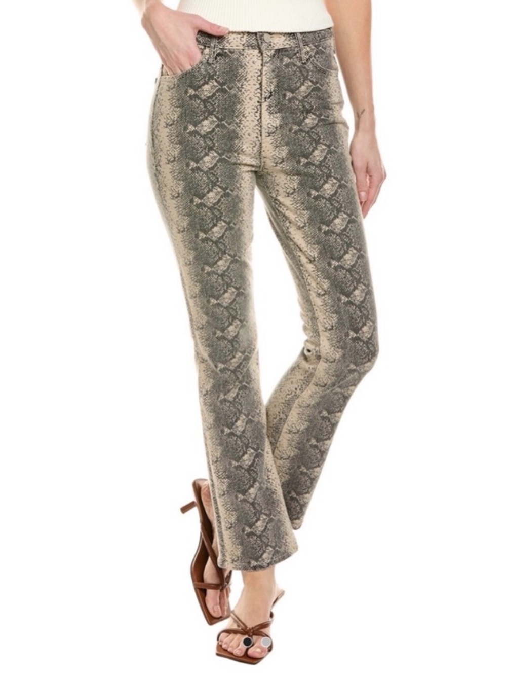MOTHER The Hustler Flood Tan Snake/Boa Babe Print Slim Flare Pants | 26